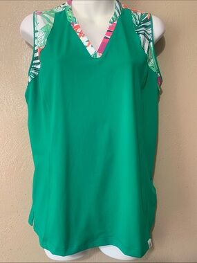 Lady Hagen size S Green Sleeveless V-Neck Tank with Tropical Trim NWT